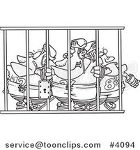 Cartoon Black and White Line Drawing of a Team of Hockey Players Behind Bars by Toonaday