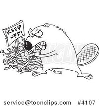 Cartoon Black and White Line Drawing of a Defensive Beaver Guarding His Stick Pile by Toonaday