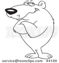 Cartoon Black and White Line Drawing of a Bear Standing with Folded Arms by Toonaday