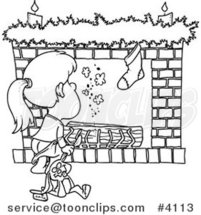 Cartoon Black and White Line Drawing of a Christmas Girl Waiting for Santa at the Fire Place by Toonaday