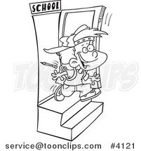 Cartoon Black and White Line Drawing of a School Boy Running out the Door by Toonaday