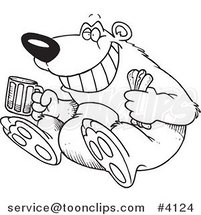 Cartoon Black and White Line Drawing of a Bear Sitting with a Hot Dog and Beer by Toonaday