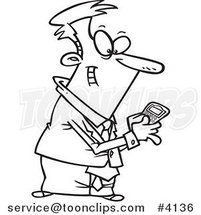 Cartoon Black and White Line Drawing of a Business Man Using a Smart Phone by Toonaday
