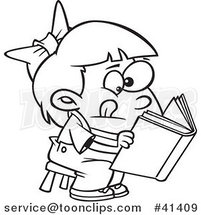 Cartoon Outlined Girl Trying to Decipher Information in a Book by Toonaday