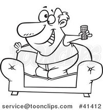 Cartoon Outlined Couch Surfer Guy Standing on His Sofa with a TV Remote Control by Toonaday
