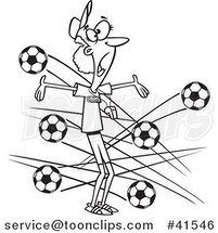 Cartoon Outlined Female Soccer Coach with Balls Flying at Her by Toonaday