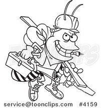 Cartoon Black and White Line Drawing of a Worker Bee Carrying Tools by Toonaday