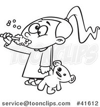 Cartoon Outlined Girl Holding Her Teddy Bear and Brushing Her Teeth Before Bedtime by Toonaday