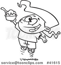 Cartoon Outlined Happy Girl Jumping with an Ice Cream Sundae by Toonaday
