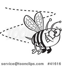 Cartoon Black and White Happy Bee Buzzing Around by Toonaday