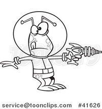 Cartoon Outlined Alien Invader Pointing a Ray Gun by Toonaday