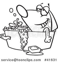 Cartoon Outlined Relaxed Dog Bathing in a Tub with a Rubber Duck by Toonaday