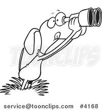 Cartoon Black and White Line Drawing of a Bird Dog Using Binoculars by Toonaday