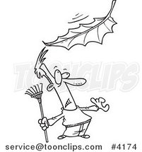 Cartoon Black and White Line Drawing of a Raking Guy Watching a Big Leaf Fall by Toonaday