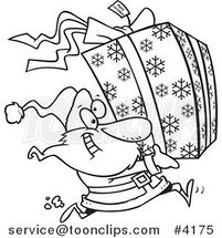 Cartoon Black and White Line Drawing of Santa Running and Carrying a Large Gift by Toonaday