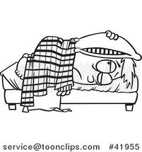 Cartoon Outlined Tired Boy Lying in Bed with a Pillow over His Head by Toonaday