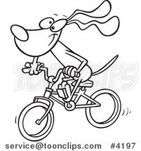 Cartoon Black and White Line Drawing of a Cycling Dog by Toonaday