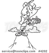 Cartoon Black and White Line Drawing of a Female Hiker on Top of a Mountain with Binoculars by Toonaday