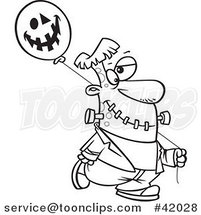 Cartoon Outlined Frankenstein with a Halloween Jackolantern Balloon by Toonaday