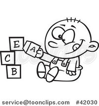 Cartoon Outlined Happy Baby Boy Playing with Alphabet Blocks by Toonaday