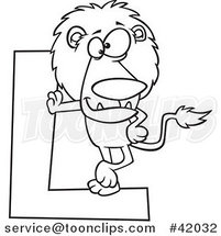 Cartoon Outlined Lion Leaning on a Letter L by Toonaday