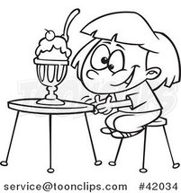 Cartoon Outlined Excited Girl with an Ice Cream Sundae by Toonaday
