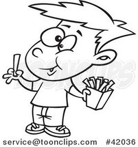 Cartoon Outlined Happy Boy Eating French Fries by Toonaday