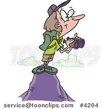 Cartoon Female Hiker on Top of a Mountain with Binoculars by Toonaday