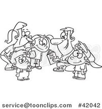 Cartoon Outlined Huddling Family Going over a Football Play Book by Toonaday
