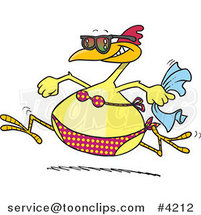 Cartoon Summer Chicken Running in a Bikini on a Beach by Toonaday