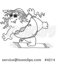 Cartoon Black and White Line Drawing of a Fat Lady Doing Yoga in Her Bikini by Toonaday