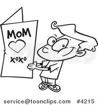 Cartoon Black and White Line Drawing of a Boy Holding a Mothers Day Card by Toonaday