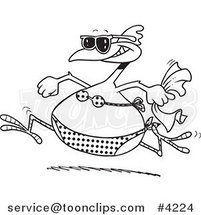 Cartoon Black and White Line Drawing of a Summer Chicken Running in a Bikini on a Beach by Toonaday