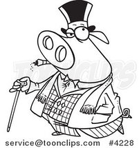 Cartoon Black and White Line Drawing of a Pig Smoking a Cigar and Walking with a Cane by Toonaday