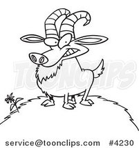 Cartoon Black and White Line Drawing of a Billy Goat on a Hill by Toonaday