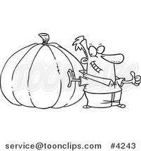 Cartoon Black and White Line Drawing of a Guy with a Big Pumpkin by Toonaday