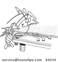 Cartoon Black and White Line Drawing of a Crawdad Leaning over a Billiards Table by Toonaday