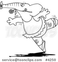 Cartoon Black and White Line Drawing of a Ballet Elephant Dancing by Toonaday