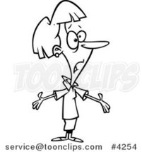 Cartoon Black and White Line Drawing of a Bewildered Female Employee by Toonaday