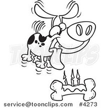 Cartoon Black and White Line Drawing of a Birthday Dog with a Bone Cake by Toonaday