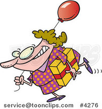 Cartoon Lady Carrying a Birthday Gift and Balloon by Toonaday