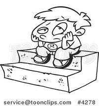 Cartoon Black and White Line Drawing of a Bored Boy Sitting on Steps by Toonaday