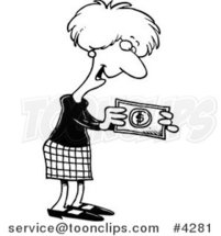 Cartoon Black and White Line Drawing of a Business Woman Holding a Cash Bonus by Toonaday