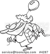 Cartoon Black and White Line Drawing of a Lady Carrying a Birthday Gift and Balloon by Toonaday