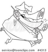 Cartoon Black and White Line Drawing of a Big Pig Business Man Talking on a Cell Phone by Toonaday