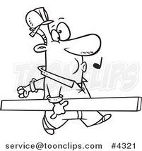 Cartoon Black and White Line Drawing of a Carpenter Whistling and Carrying a Board by Toonaday