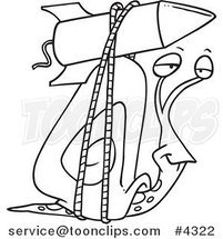 Cartoon Black and White Line Drawing of a Snail with a Rocket Boost Strapped on His Shell by Toonaday