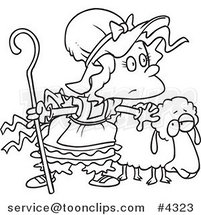 Cartoon Black and White Line Drawing of Little Bo Peep with a Sheep by Toonaday