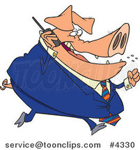 Cartoon Big Pig Business Man Talking on a Cell Phone by Toonaday