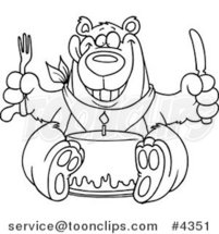 Cartoon Black and White Line Drawing of a Birthday Bear Eating Cake by Toonaday